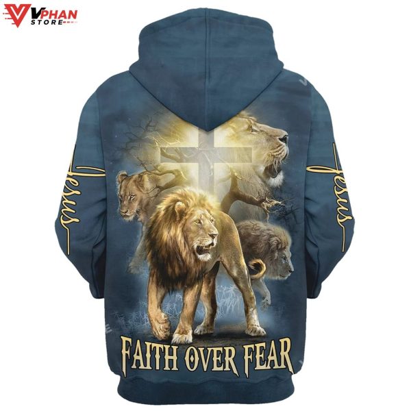 Lion Christ Cross Jesus Faith Over Fear Religious Easter Gifts Christian Hoodie