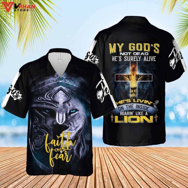 Lion God Inside Faith Over Fear Lion Jesus Tropical Outfit Hawaiian Shirt