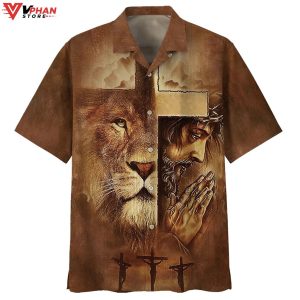 Lion Jesus Pray Cross Tropical Outfit Christian Hawaiian Summer Shirt 1