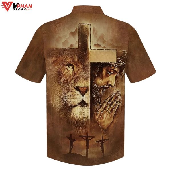 Lion Jesus Pray Cross Tropical Outfit Christian Hawaiian Summer Shirt