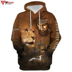 Lion Lamb Jesus Faith Over Fear Men Women Christian Hoodie 1