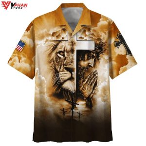 Lion Pray With Jesus On The Cross Christian Gift Ideas Hawaiian Shirt 1