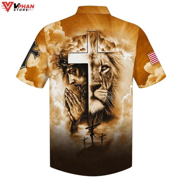 Lion Pray With Jesus On The Cross Christian Gift Ideas Hawaiian Shirt