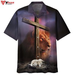 Lion Sheep Wooden Cross Tropical Outfit Christian Gifts Hawaiian Shirt 1