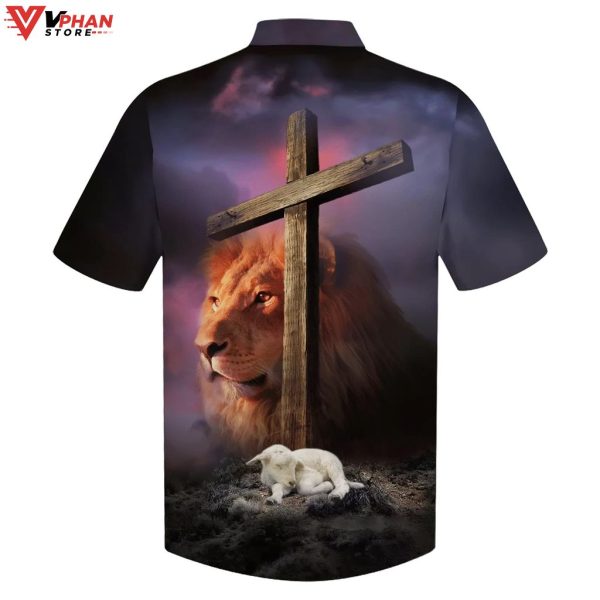 Lion Sheep Wooden Cross Tropical Outfit Christian Gifts Hawaiian Shirt