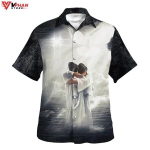 Man Hugging Jesus In Tropical Outfit Christian Gift Hawaiian Summer Shirt 1