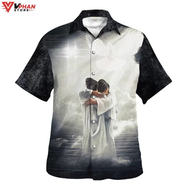 Man Hugging Jesus In Tropical Outfit Christian Gift Hawaiian Summer Shirt