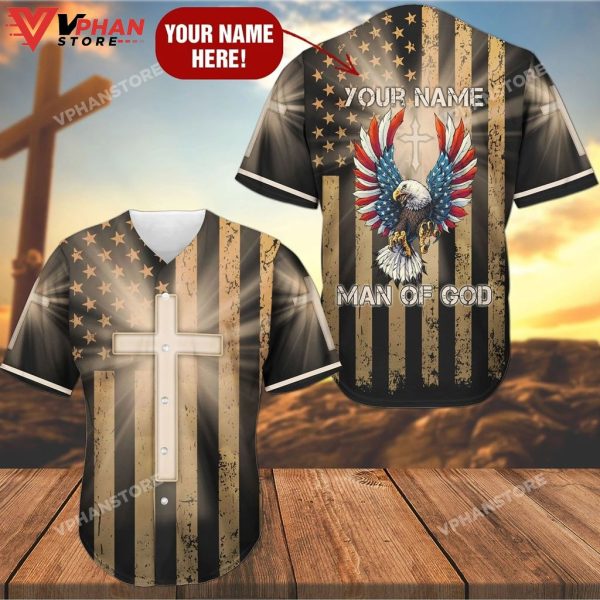 Man Of God Cross America Flag Eagle Religious Christian Baseball Jersey