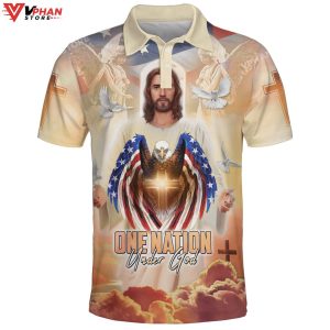 One Natiom Under God Jesus And Eagle Christian Polo Shirt Shorts 1