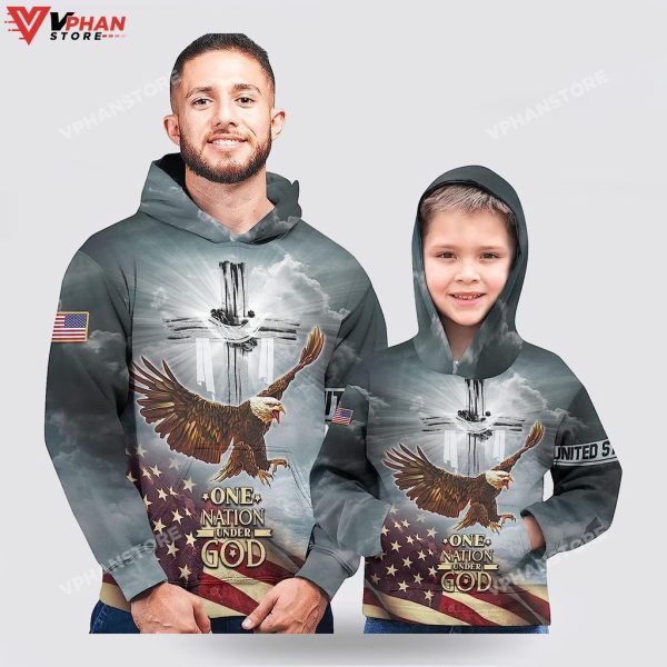 One Nation Under God American Flag With Jesus Cross Christian Hoodie