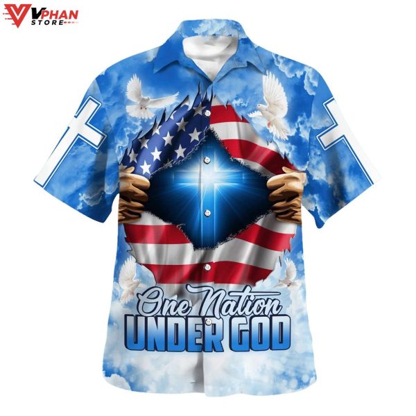 One Nation Under God Cross Tropical Outfit Hawaiian Summer Shirt