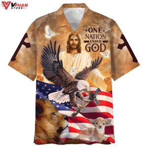 One Nation Under God Jesus And Lion Eagle American Hawaiian Shirt 1