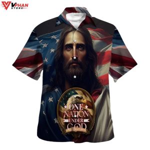 One Nation Under God Jesus Eagle American Flag Tropical Hawaiian Shirt 1