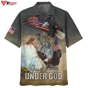 One Nation Under God Jesus Eagle Flag Statue Of Liberty Hawaiian Shirt 1