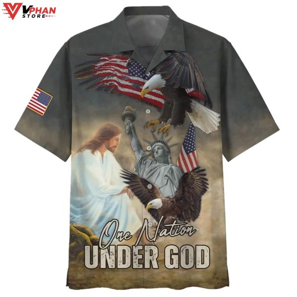 One Nation Under God Jesus Eagle Flag Statue Of Liberty Hawaiian Shirt