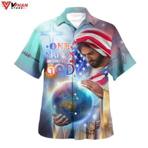 One Nation Under God Jesus Holding Earth Tropical Outfit Hawaiian Shirt 1