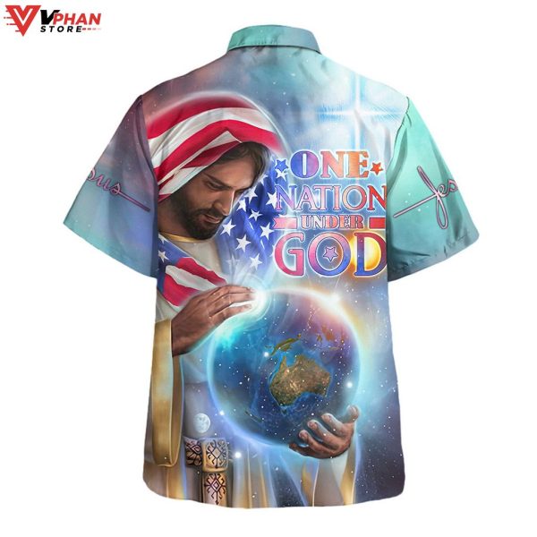 One Nation Under God Jesus Holding Earth Tropical Outfit Hawaiian Shirt