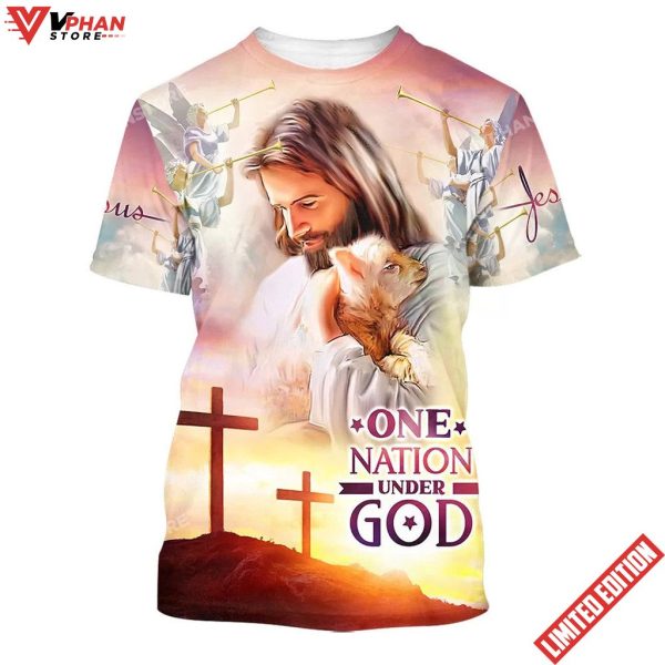 One Nation Under God Jesus Holding Sheep 3d All Over Print Shirt