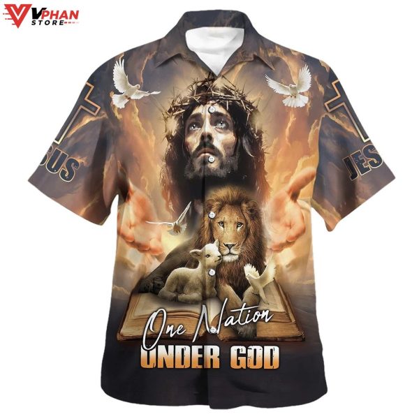 One Nation Under God Jesus Lion Cross Christian Hawaiian Shirt