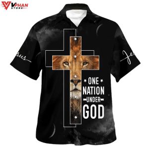 One Nation Under God Lion Cross Tropical Outfit Hawaiian Summer Shirt 1