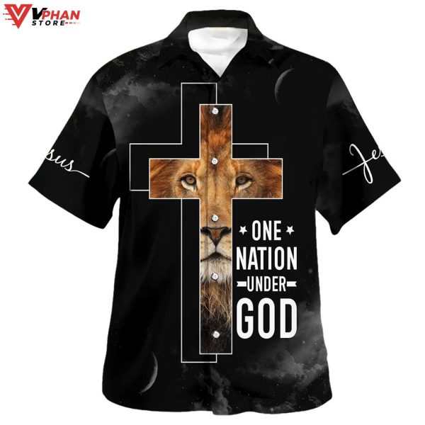 One Nation Under God Lion Cross Tropical Outfit Hawaiian Summer Shirt