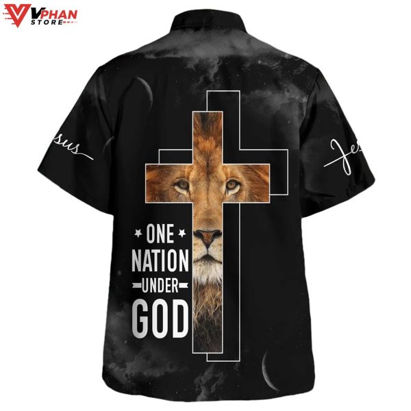 One Nation Under God Lion Cross Tropical Outfit Hawaiian Summer Shirt