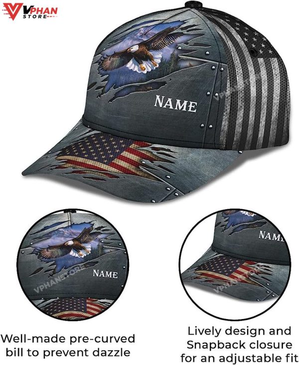 Patriotic Bald Eagle With Us Flag Custom Name Baseball Cap