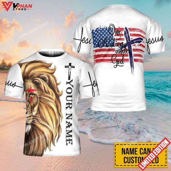 Personalized Name Lion Jesus One Nation Under God 3D Printed T Shirt