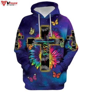 Rainbow Sunflower Butterfly Jesus Cross Christian Gift Ideas Hoodie 1