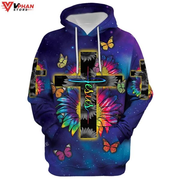 Rainbow Sunflower Butterfly Jesus Cross Christian Gift Ideas Hoodie