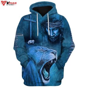 Roaring Blue Lion And Jesus Faith Religious Gift Ideas Christian Hoodie 1