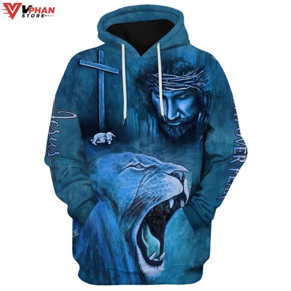 Roaring Blue Lion And Jesus Faith Religious Gift Ideas Christian Hoodie