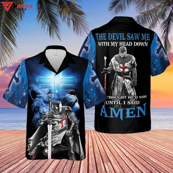 The Devil Saw Me with My Head Down Knight Jesus Lion King Hawaiian Shirt