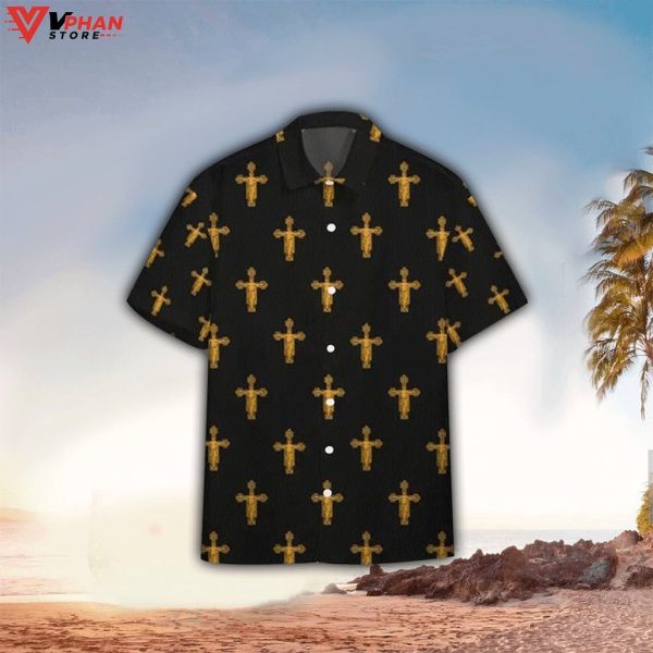 The Jesus Cross Pattern Black Tropical Outfit Christian Hawaiian Shirt