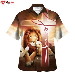 The King Lion Lamb And Dove Tropical Outfit Christian Gift Hawaiian Shirt 1