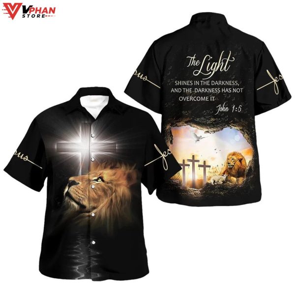 The Light Shines In The Darkness Lion Cross Christian Gift Hawaiian Shirt