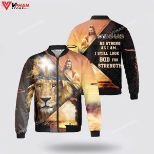 The Lion Cross Jesus As Strong As I Am Bomber Jacket 1