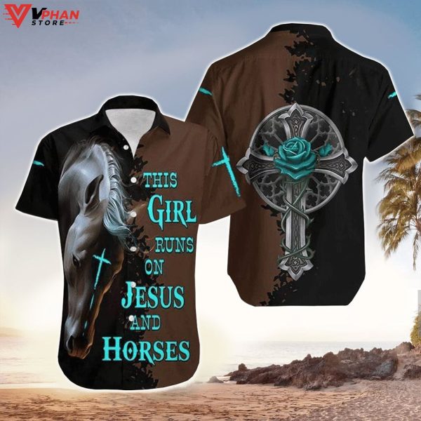 This Girl Runs On Jesus And Horse Black Brown Tropical Hawaiian Shirt