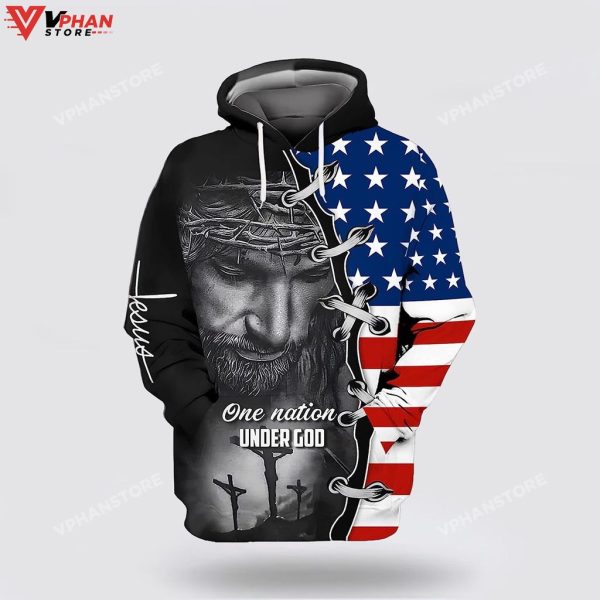 Three Crosses One Nation Under God Jesus Wreath Christian Hoodie